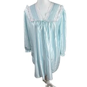 VTG Blue‎ Satin Lace Trim Long Sleeve Traditional Nightgown Medium Stardust